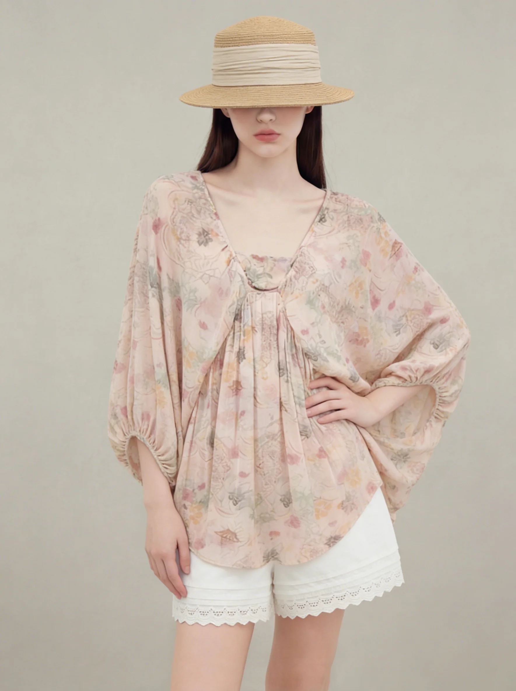 

Women's Loose Fit Long Sleeve Shirt V-Neck Print Thin Batwing Sleeve Casual Style Polyester Fiber Sun Protection Top