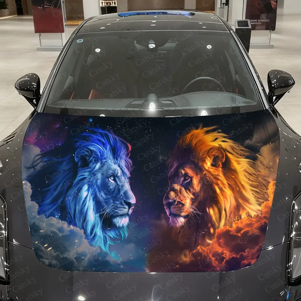 

Blue Flame Starlight & Blazing Fire Lion Car Vinyl Wrap, PVC Material Waterproof Car Hood Sticker, Self-Adhesive Scratch-Resista