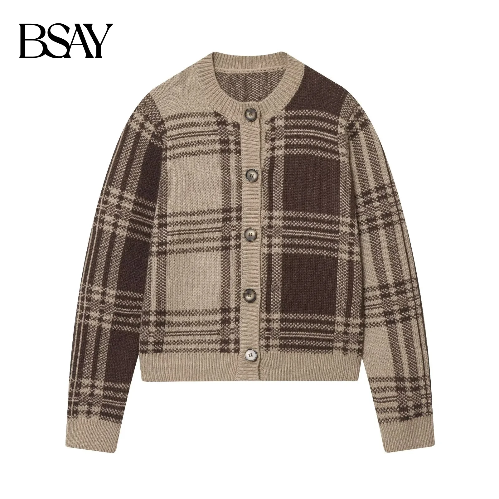 

BSAY осенняя новая женская одежда 2025 года, повседневная модная клетчатая рубашка в стиле ретро с круглым вырезом, однобортная рубашка с длинными рукавами