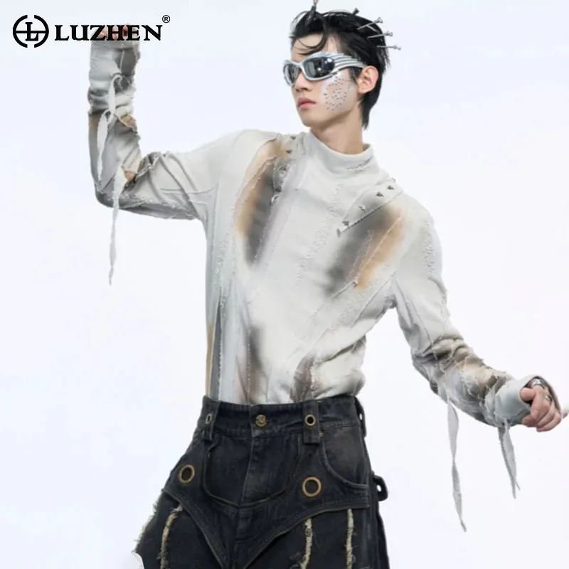 LUZHEN Tie Dye High Neck Street Sweater Gradient Color Wornout Trendy High End Personalized Bottom Shirt Design New Male LZ7311