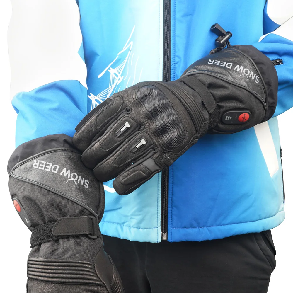 SNOW DEER Wasserdichte Motorradhandschuhe für Herren, beheizter Motorradhandschuh, Leder, echt, mit wiederaufladbarem Akku, Snow-Biker-Handschuh