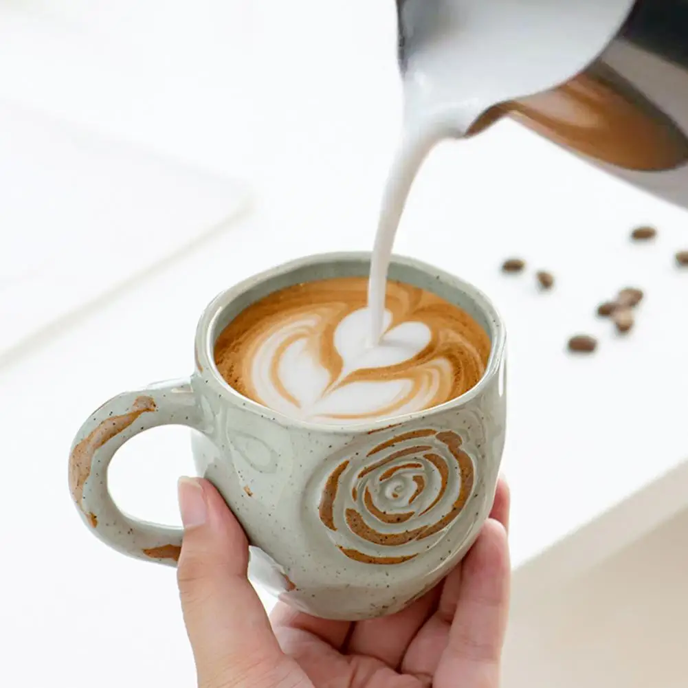 Textured Handle Mug Handmade Ceramic Coffee Cup with Rose Bamboo Leaf Embossed Pattern Rustic Textured Mug 260-290ml Microwave