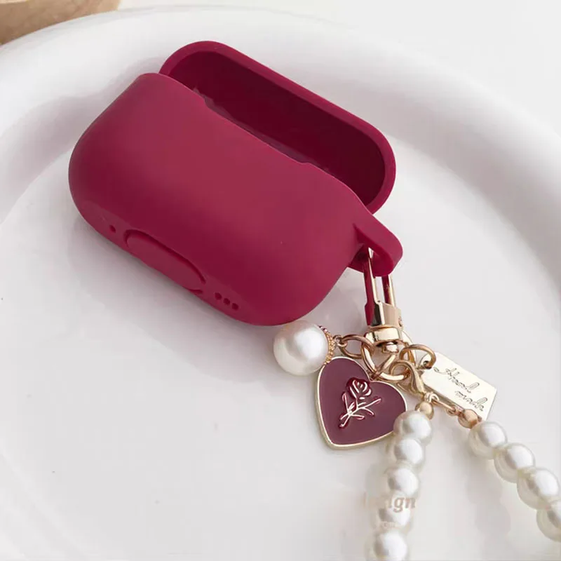 Wine Red Silicone Earphone Case for apple Airpods 1/2/3/4 Pro 2nd Bluetooth Headset Box With Sweet Vintage Rose Pearl Keychain