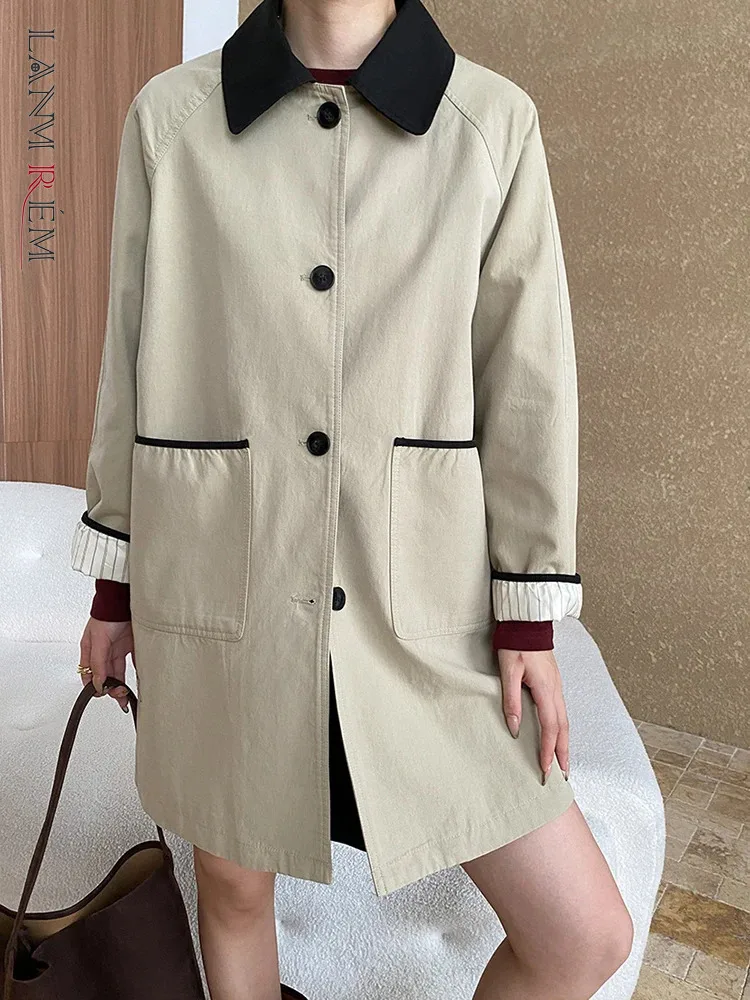 

[LANMREM] Contrast Color Mid-length Trench For Women Single Breasted Office Lady Minimalism Windbreaker 2025 Spring New 26C648