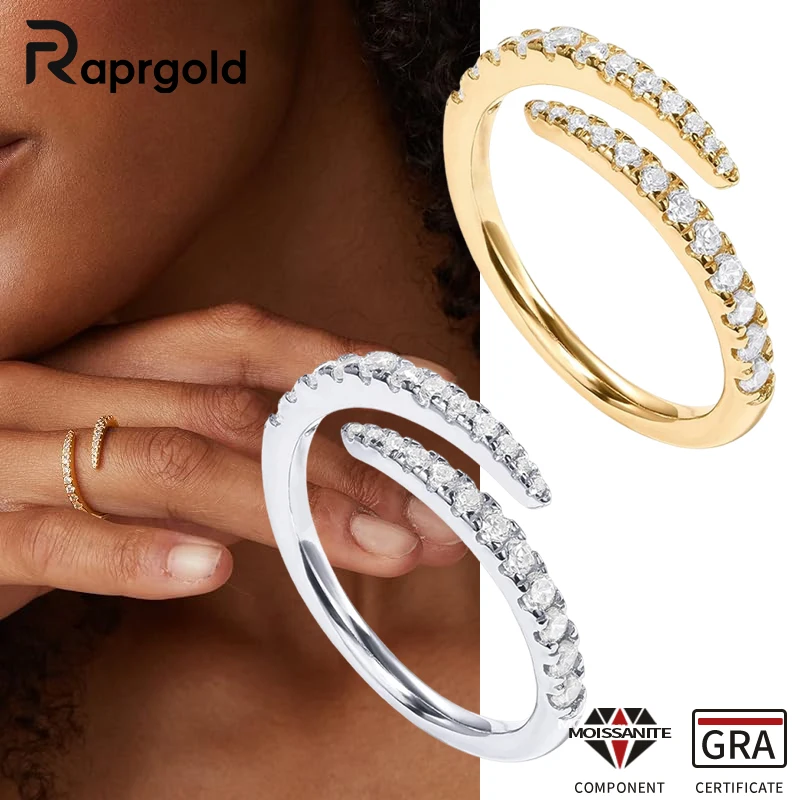 

RAPRGOLD Сертифицированное GRA круглое моассанитовое регулируемое открытое кольцо для женщин, обручальное кольцо-полуободок, свадебные ювелирные украшения, подарки
