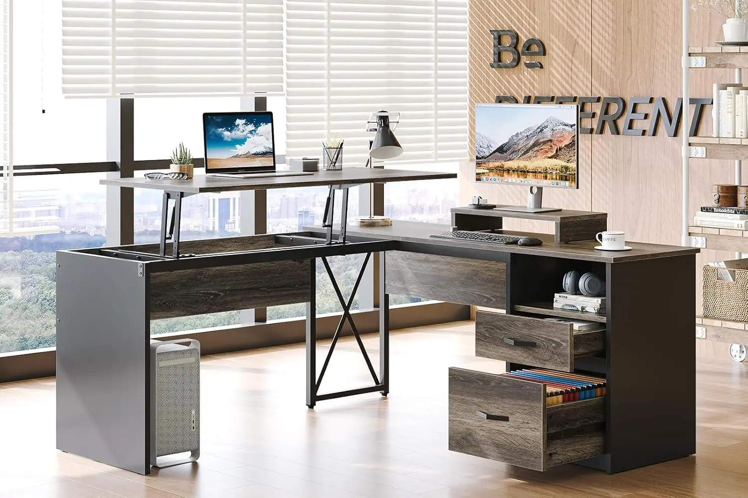 

Lift Top L Shaped Desk with File Drawer, 55'' x 55'' Office Desk with Reversible Storage Drawers, L Shaped Standing Desk with