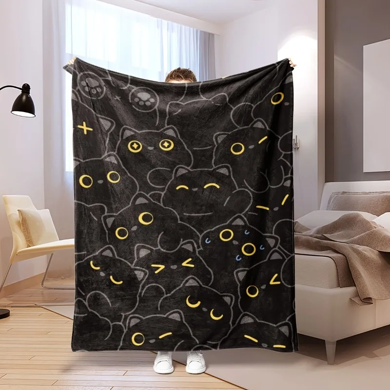 1pcJIT schwarze Decke mit fünf Abschnitten, niedliches schwarzes Katzenmuster, maschinenwaschbar, Anti-Fouling-Nadel, gewebte Flanelldecke