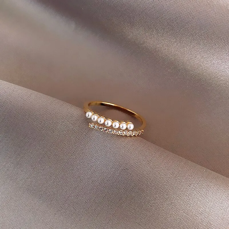 Light Luxury Micro Rhinestone Rings Woman Gold-color Elegant Simulated Pearl Open Ring Party Wedding Stackable Ring Jewelry K0