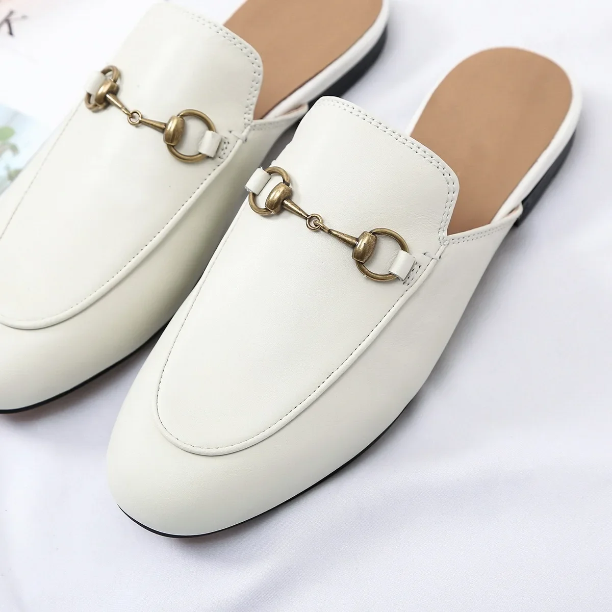 T.L Swift Full leather Muellers horse buckle half slipper leather bag toe slipper Flat women\'s summer metal buckle loafers