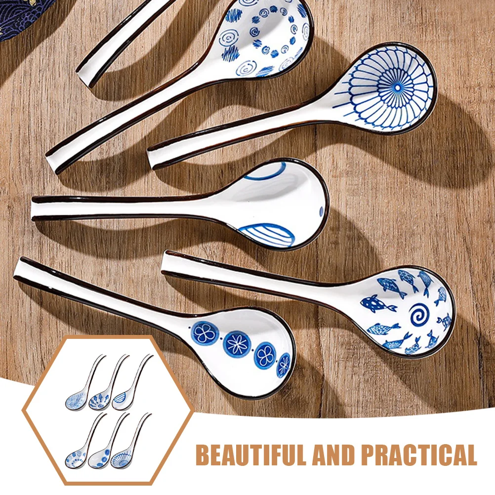 

6Pcs Ceramic Soup Spoons Blue and White Chinese Style Large Capacity Rice Paddle Food Serving Spoons Ceramic Spoon
