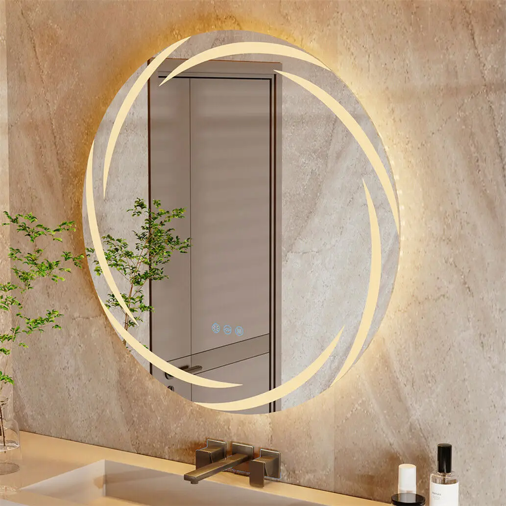 LED Bathroom Mirror Whirlwind Patterned Vanity Mirror 60/80CM Round Wall Lighted Mirror Dimmable with 3 Colors Anti-fog Memory