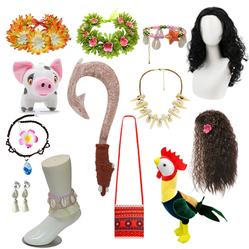 

Moana Princess Cosplay Accessories Set Kids Girls Costume Kit with Wig Wreath Necklace Bracelet for Halloween Birthday Party