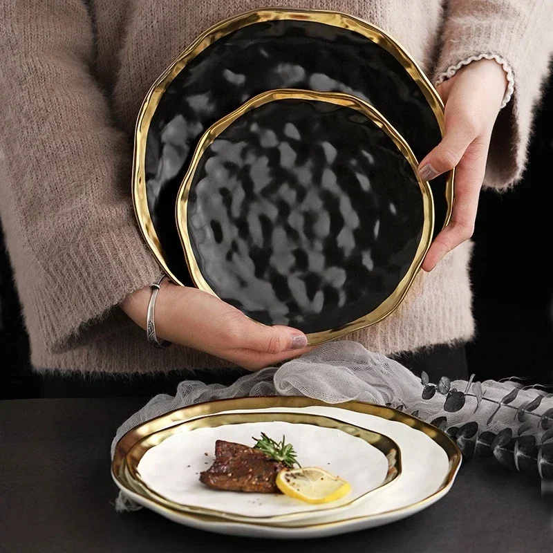 Nordic Style Ceramic Gold Plate Creative Porcelain Dish Soup Rice Bowl Set Snack Dessert Dinner Plate Cake Tray Tableware