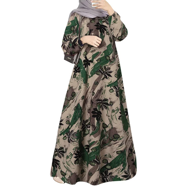 Neue Lange Robe Gedruckt Muslimischen Malaiischen Kleid Volle Hülse Rundhals Lange Robe Lange Kleid Fabrik Charge Dubai Luxus Islam Elegante