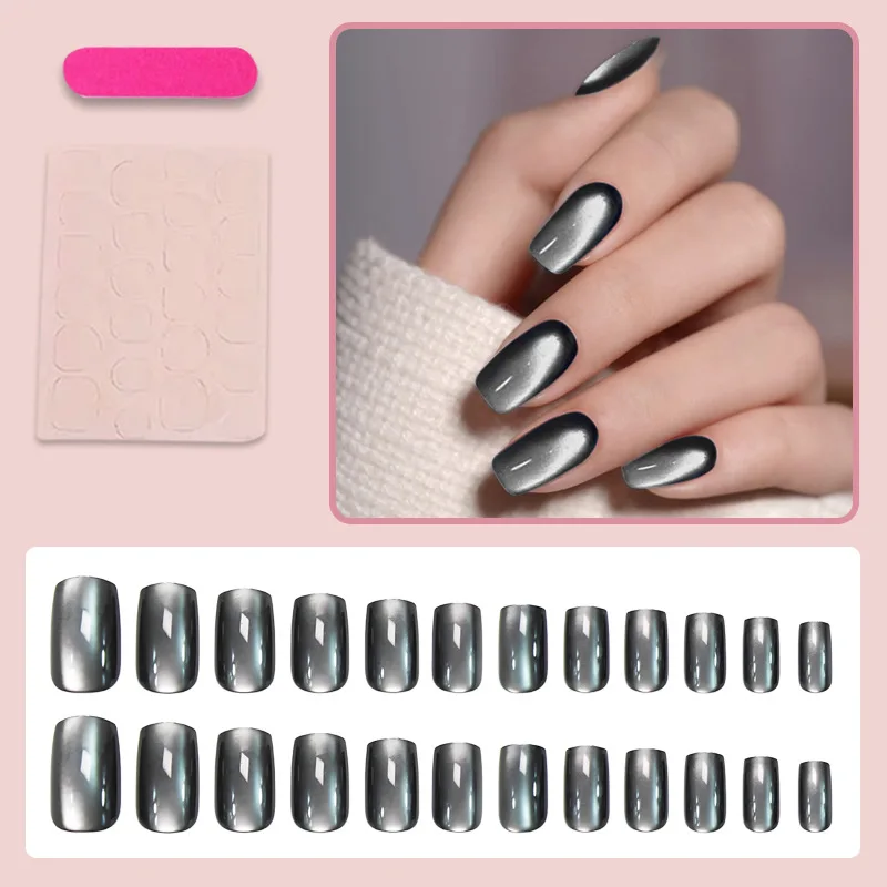 120 Stück kurze quadratische Katzenaugen-Nägel zum Aufdrücken, glänzender Glitzer, schwarze Katzenaugen-Kunstnägel, vollständige Abdeckung, tragbare Katzenaugen-Kunstnägel