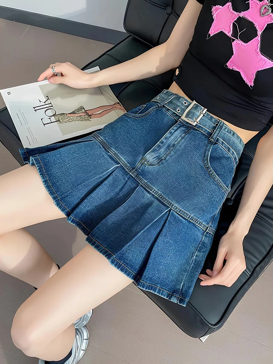 2024 New Design High Waist Slim A-line Short Skirt Y2k Spicy Girl Cowboy Half Skirt Women's Summer Pleated Skirt