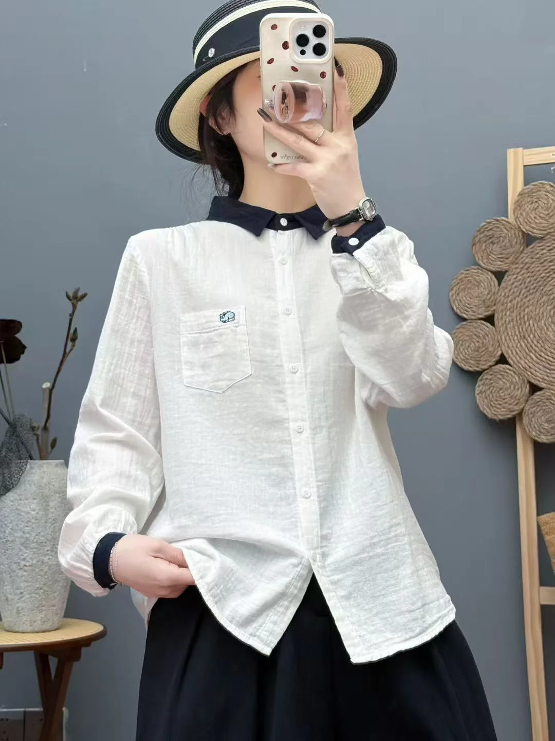 غزل القطن الخالص المرأة قمصان أنيقة مكتب ارتداء امرأة الخريف الشتاء الأصلي الأبيض الوردي الرمادي بلوزات طويلة الأكمام