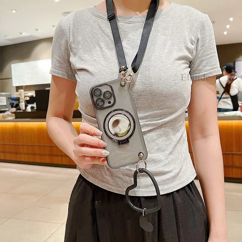 حافظة بحزام حريري لهاتف آيفون 17 16 15 14 11 12 13 Pro Max XS Plus 16E غطاء ناعم بحبل كروس شفاف