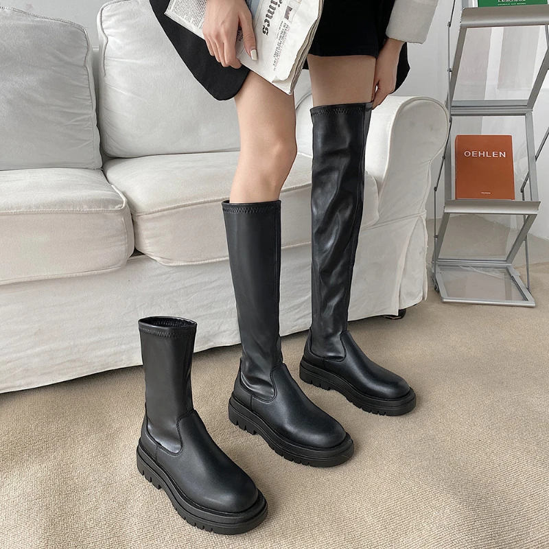 Stretch Modern Women Over the Knee High Boots Fashion Round Toe Shoes Autumn Winter Thick Heel Ladies Long Booties