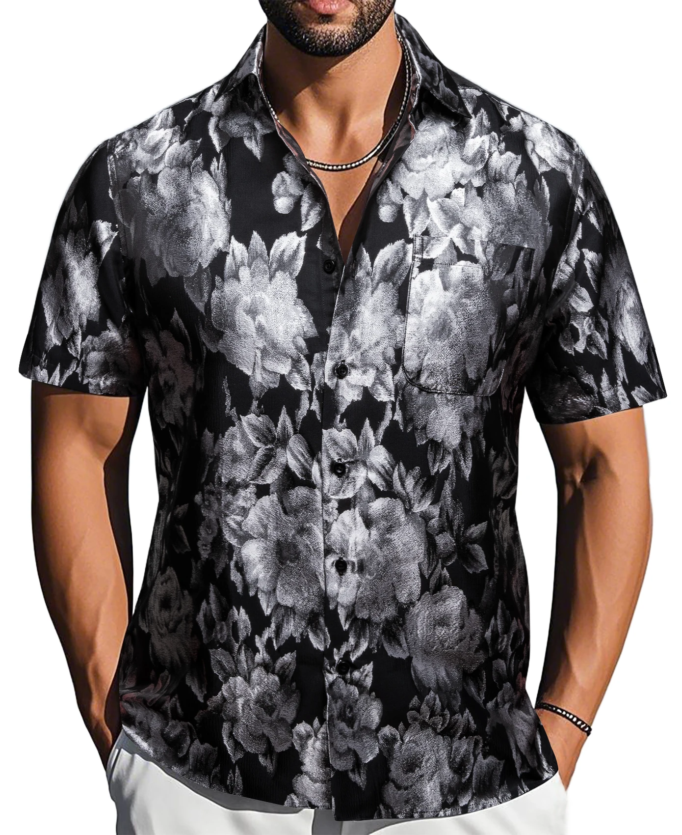 เสื้อเชิ้ตลายเพสลีย์ 11 สี สำหรับผู้ชาย แขนสั้น ลายดอกไม้ สีขาว เทา ติดกระดุม เสื้อเชิ้ตทรงพอดีตัว สไตล์ลำลองและเป็นทางการ ปกเสื้อแบบปกปก แบรนด์ Barry Wang