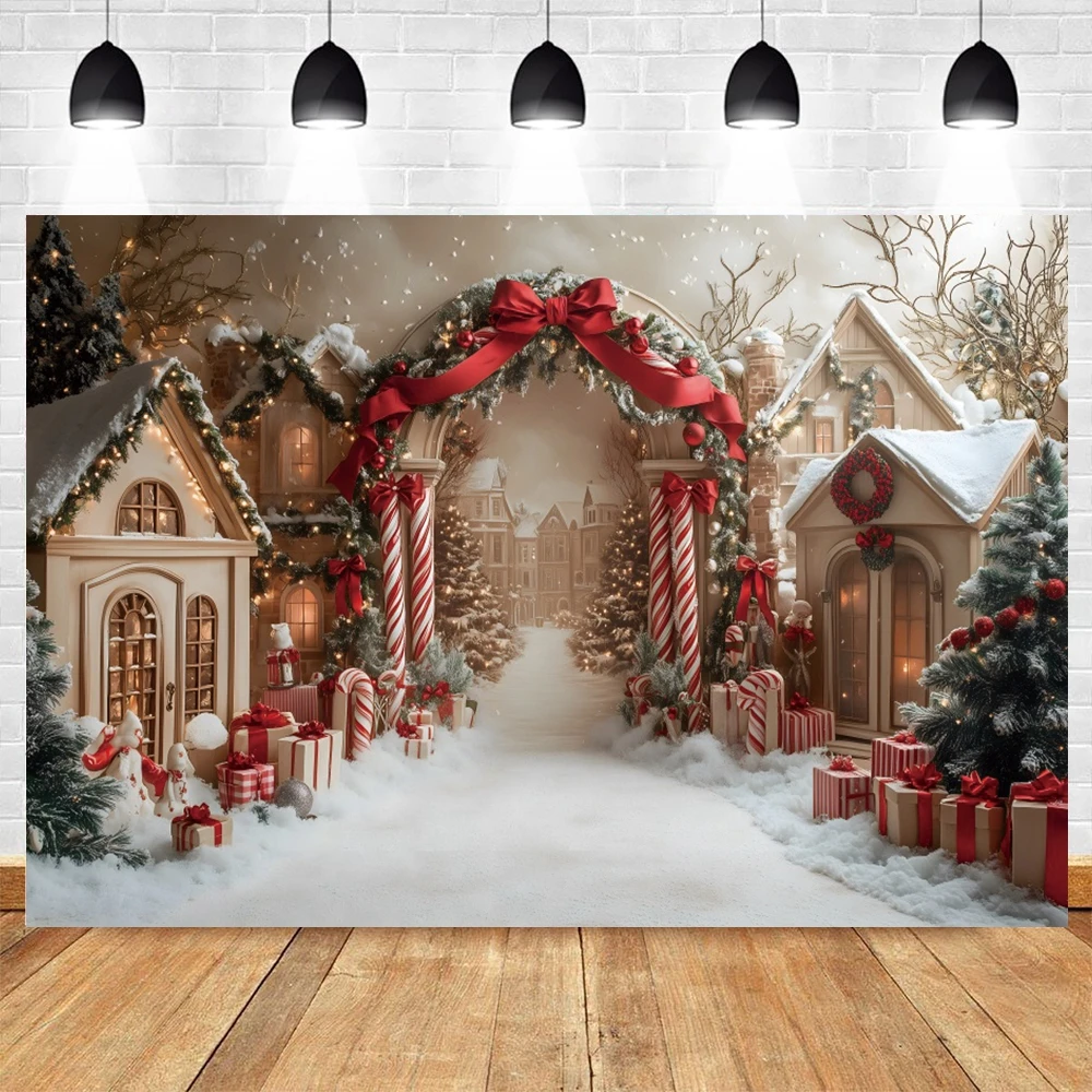 Winter Christmas Photography Backdrop Xmas Wreath Arch Christmas Tree Kids Portrait Family Party Decor Background Photo Props