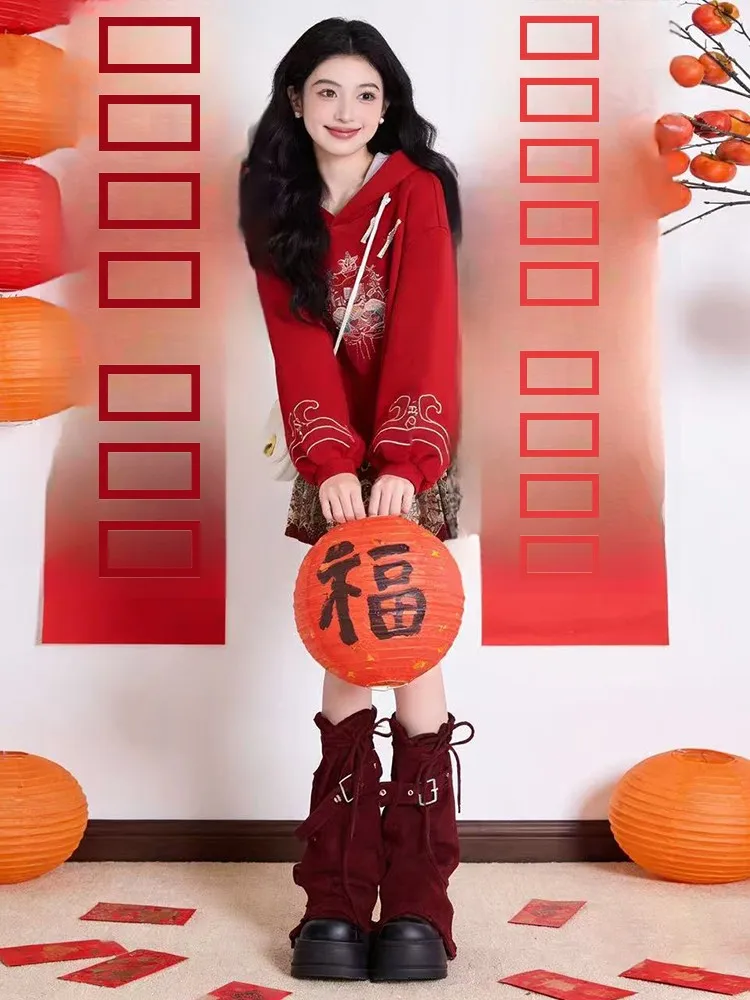 Red Hoodie Skirt Set Women's Winter New Year's Outfit Casual Sle High Waist ort Skirt Long Sve Hoodie Sweet Cute Faion