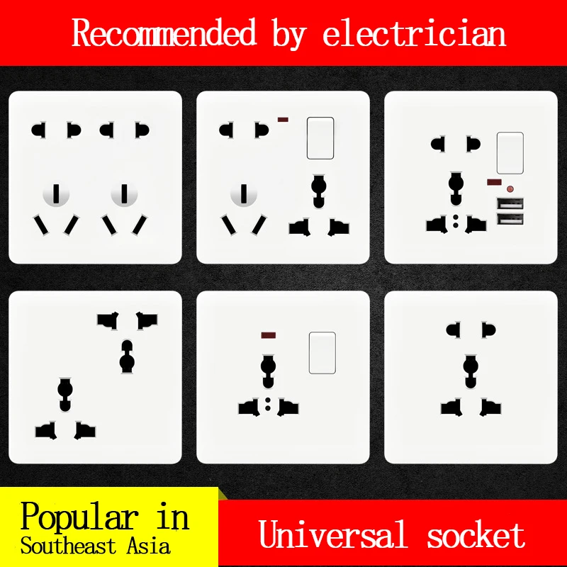 86 Type Universal Ten Holes 1Gang Multifunctional Three Eight Holes High Power 16A White Southeast Asian Wall Switch Socket