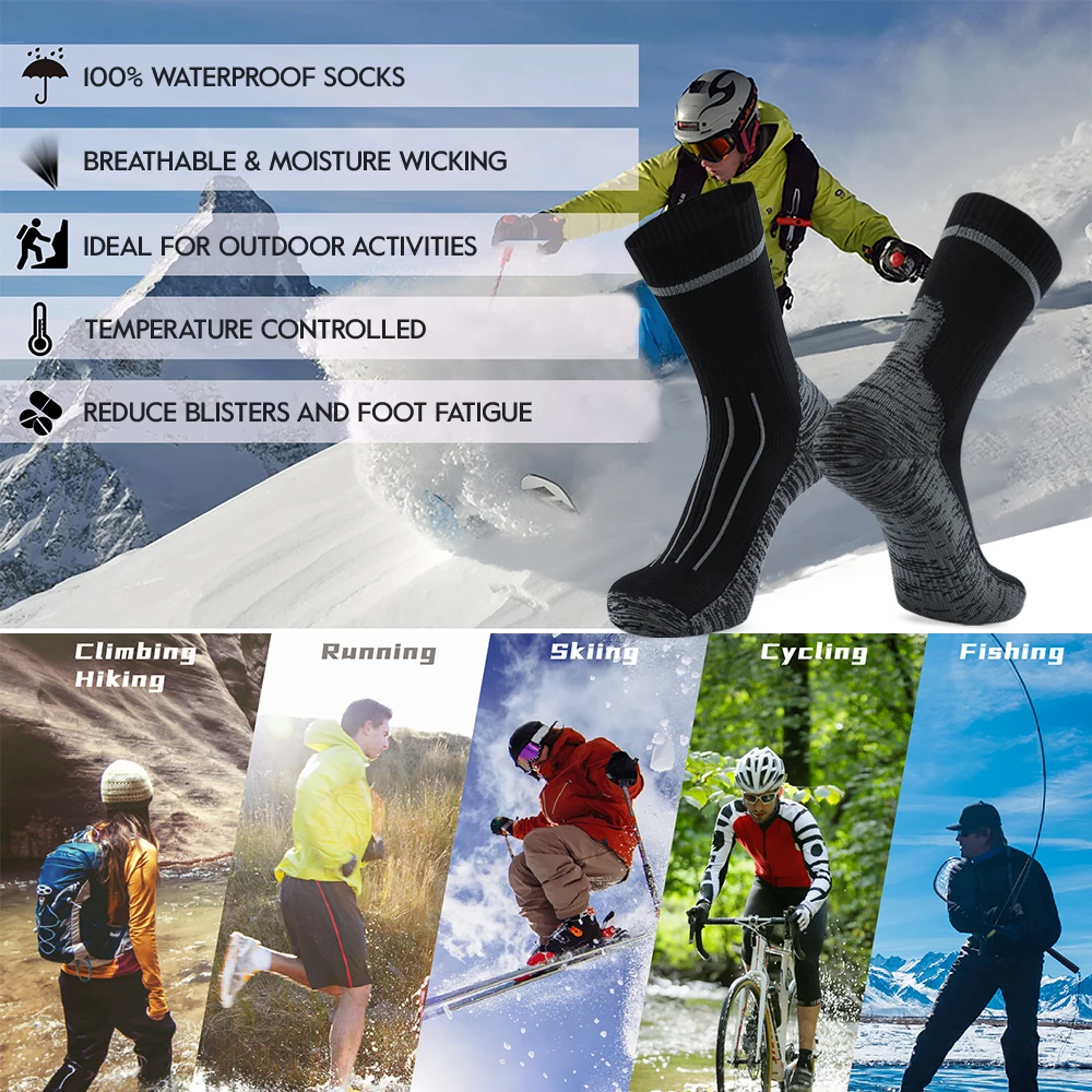 Outdoor Waterproof Socks for Men Cold Weather Breathable Moisture Wicking Skiing Hiking Wading Camping Cycling Athletic Socks