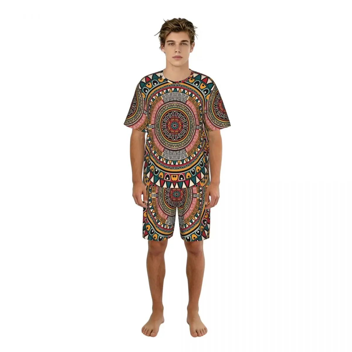 Men's Pajama Set Short Sleeve Top + Shorts Folkloric Tribe Round Pattern Colors Aztec Art Loungewear Comfortable Night Suit