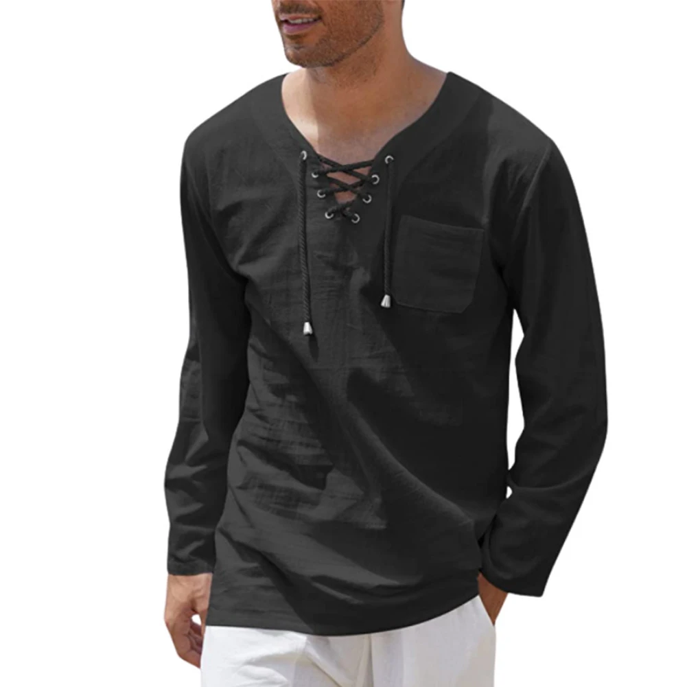 

Stylish Men's Tee Shirt Cotton Linen Fabric V Neck Long Sleeve Casual Blouse Perfect for Office Beach Club and More