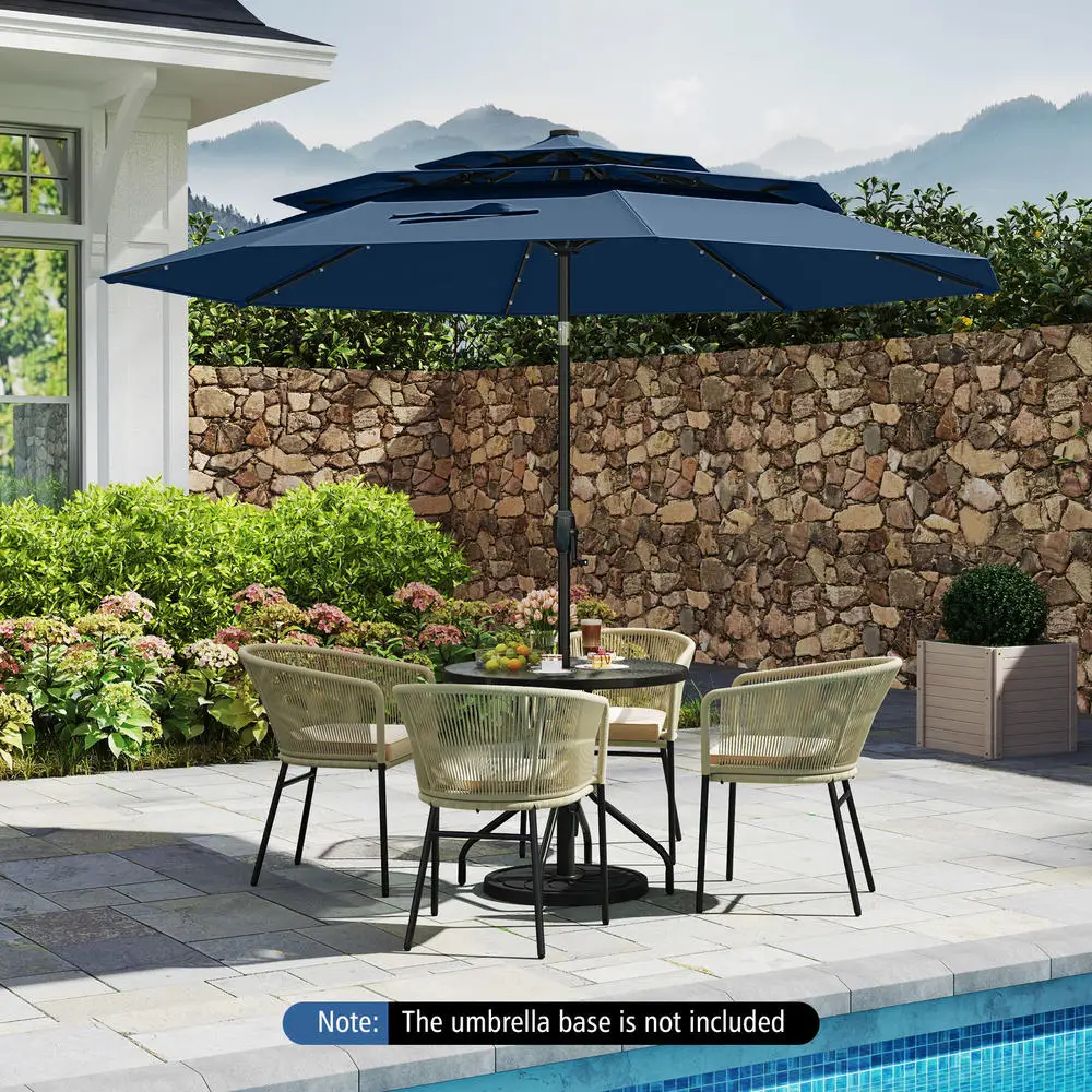 10 Ft Patio Umbrella With 3-Tier Ventilated Top And 32 Solar LED Lights, Crank Tilt Mechanism, Durable Metal Frame For Garden Poolside Commercial Cafe Use, Navy Blue