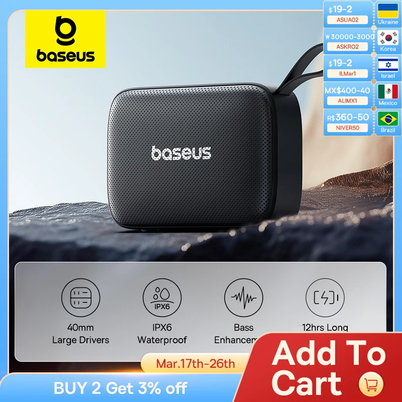 Baseus AeQur 30 Mini Bluetooth Speaker Bass Audio Ultra Portable Speakers IPX6 Waterproof 12 Hours Playtime Sound Box Dual EQ