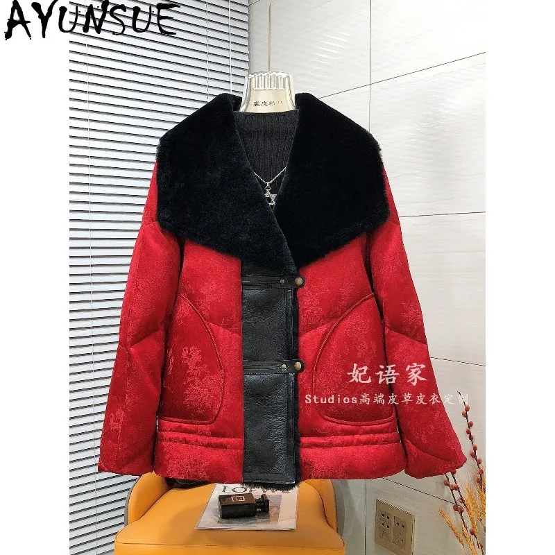 AYUNSUE Women's Goose Down Jacket Shearling Lapel Collar Winter Outerwears Chinese Style Red Down Jacket Woman Clothes Casaco
