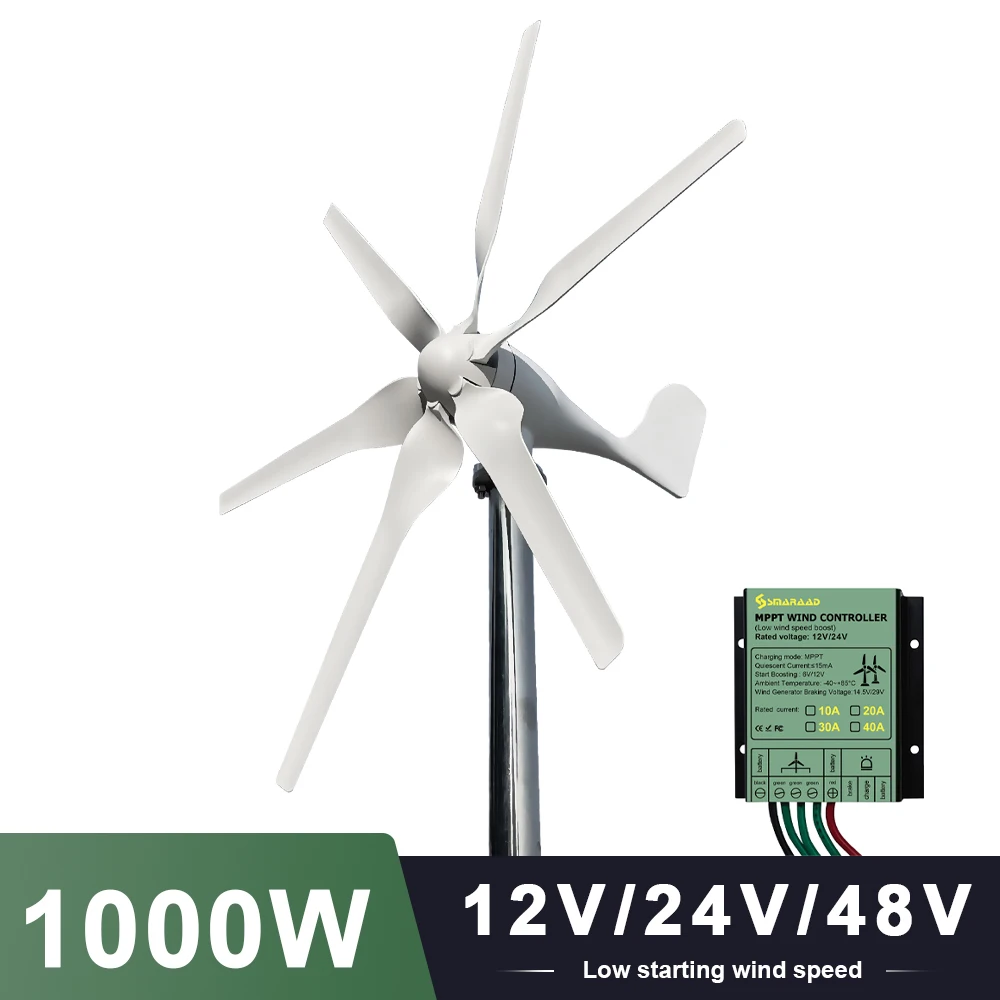 New Arrival Free Energy 6 Blades 1000W 12V 24V Wind Turbine Generator Windmill With PWM Controller Homeuse Low Wind Speed Start