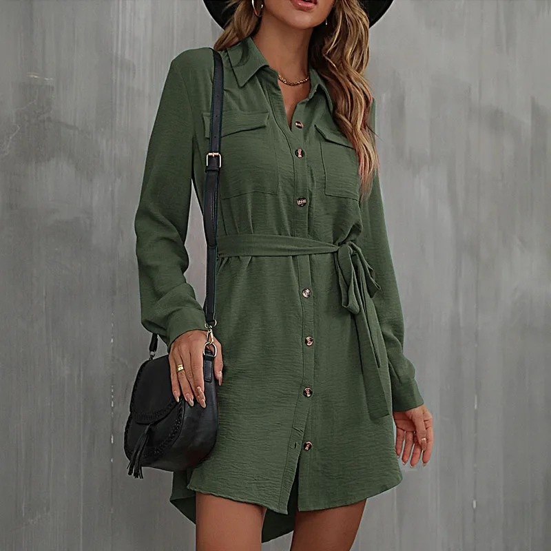 Dames Jurk Herfst Stijl Comfortabele Effen Kleur Lange Mouw Revers Elegante Franse Vetersluiting Single Breasted Shirt Kraag