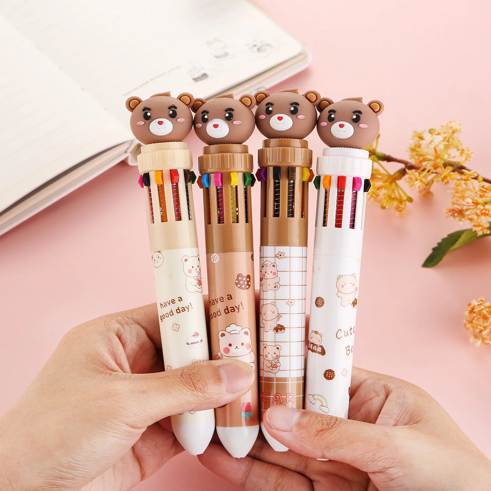 

Cute Bear 10-in-1 Multicolor Ballpoint Pen, Cartoon Retractable Ballpoint Pens for Students Note Taking Journaling, 4Pcs