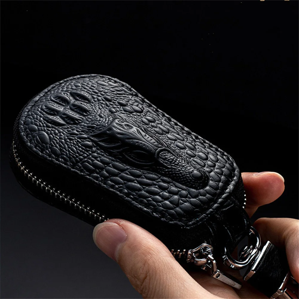 Genuine Leather Key Case Men Women Multifunctional Car Keychain Case Crocodile Pattern Car Key Bag Top Layer Cowhide Key Pouch