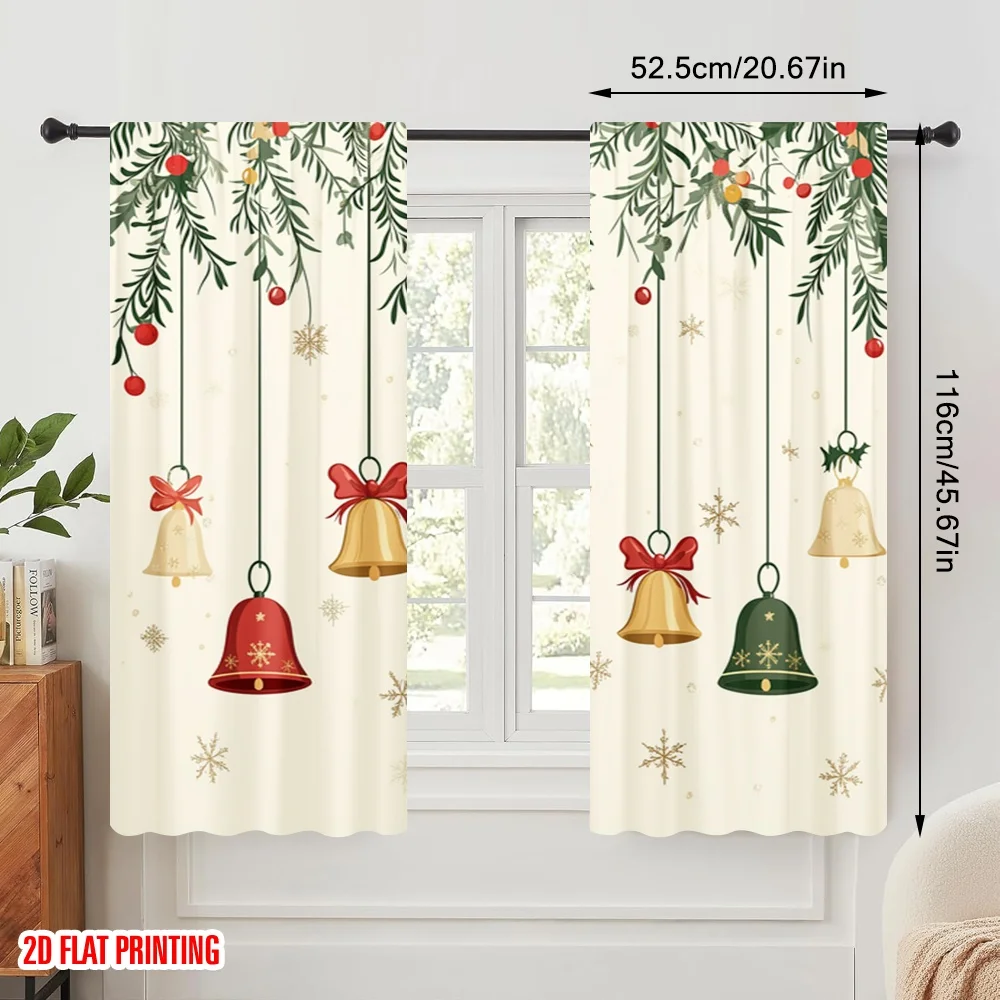 2pcs,2D plane printing Light Filtering Curtains Christmas Bells Holly Garland (2) Versatile Durable Polyester (without rod) Room