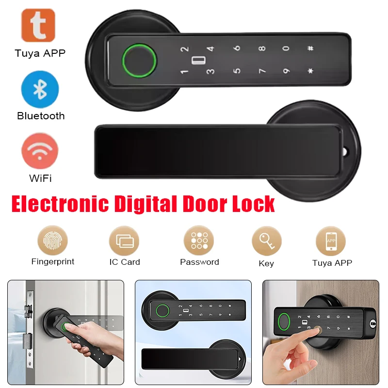 Tuya Smart Door Lock Card & Password & Fingerprint & Key APP Remote Control Unlock Intelligent Door Handle Lock for Office