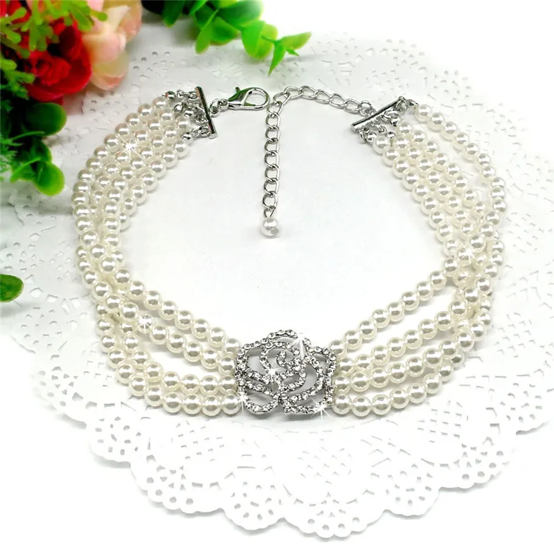 Pearl Necklace Dog Collar Fashion Jeweled Puppy Cat Collar with Rhinestone Artificial Diamante Rose Dog Pet Accessories