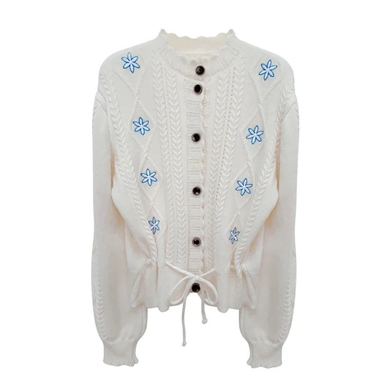 Sweet Stand Collar Cardigan Fall Winter Women Elegant Flower Embroidery Knitted Sweater Hollow Out Lace Up Female White Coat Top