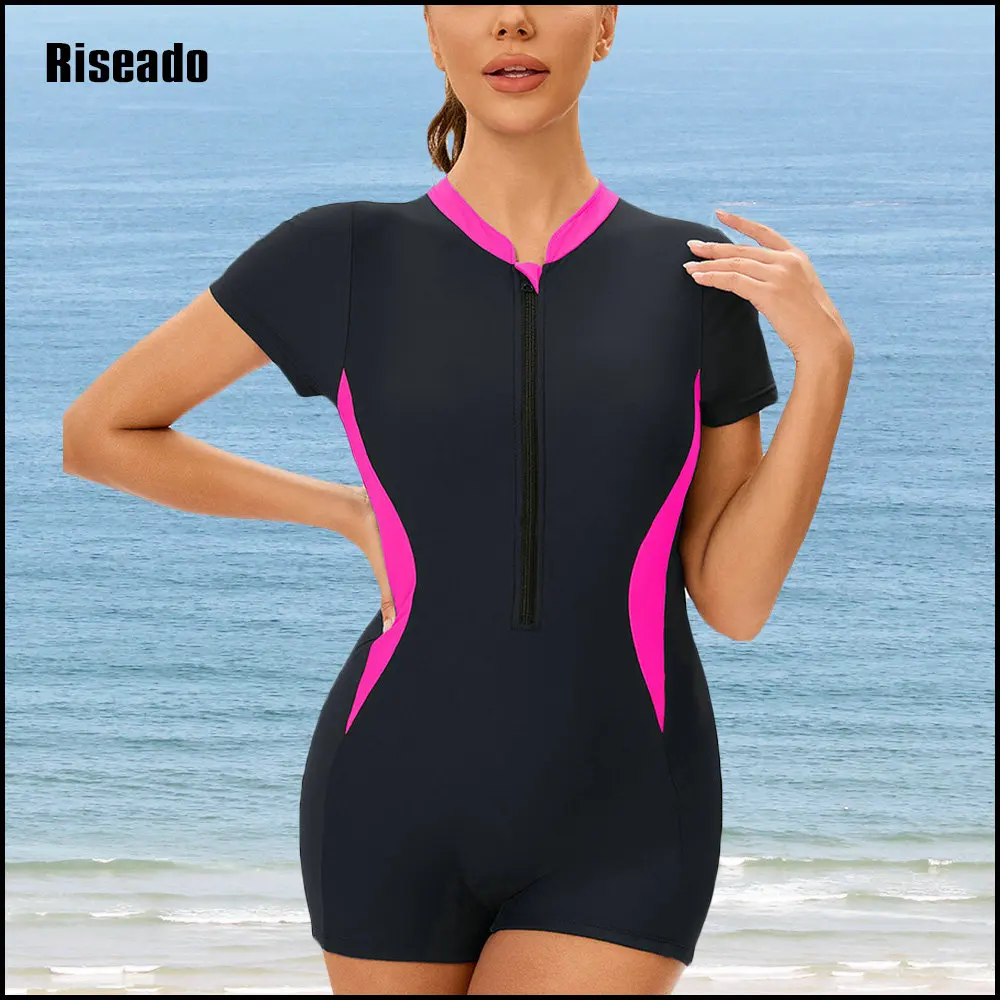 Women's Rash Guard One Piece Short Sleeve Swim Shirt with Shorts Swimsuit with Bra Bathing Suit