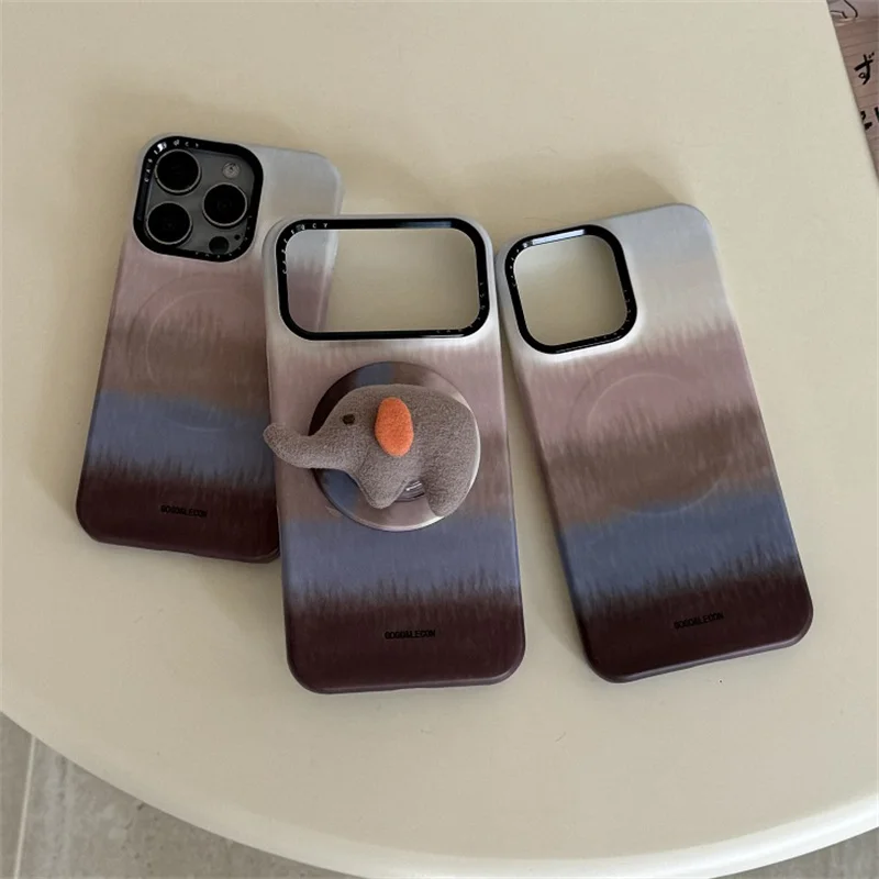 

Fashion Gradient Stripe Magnetic Phone Case For iPhone 17 Pro 16 15 14 Pro Max 17 Cover with Plush Elephant Stand For Magsafe Ca