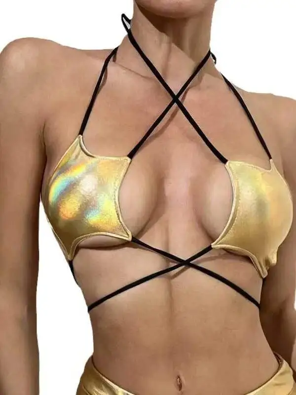 Damski metaliczny biustonosz z gwiazdą, top typu halter, sznurowany bralet, topy do tańca, zestaw z gwiazdkową spódniczką na ramiączkach, uroczy, elegancki, piękny, seksowny Z9TM