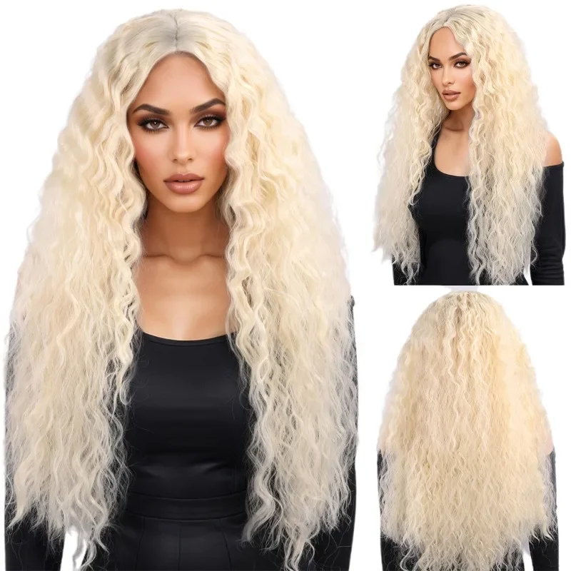 

New African wig women's fashion black small curly hair water ripple corn permed medium bangs whole headgear