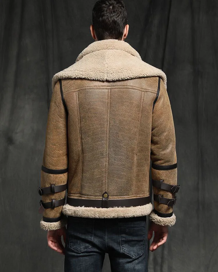 2025 Winter Fashion Men's Genuine Leather Coat Natural Sheepskin Lambskin Shearling Jacket for Male Double Layers Collars Brown