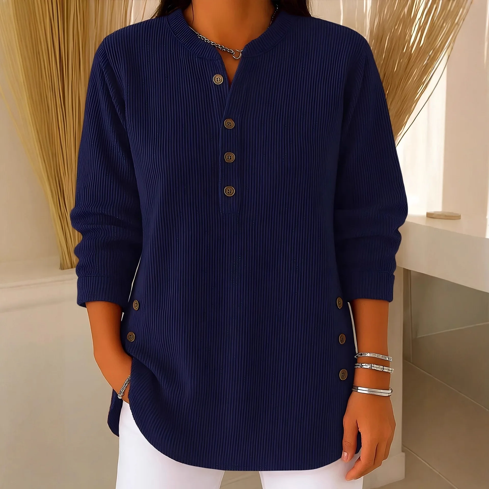 

2025 European and American Autumn and Winter New Corduroy Solid Color Loose Casual V-neck Button Long Sleeved Women's Top T-shir