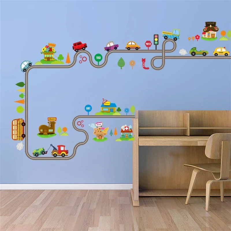 Pegatinas de pared de pista de carretera de coches de dibujos animados para habitaciones de niños, pegatinas de arte para decoración de dormitorio de sala de juegos para niños