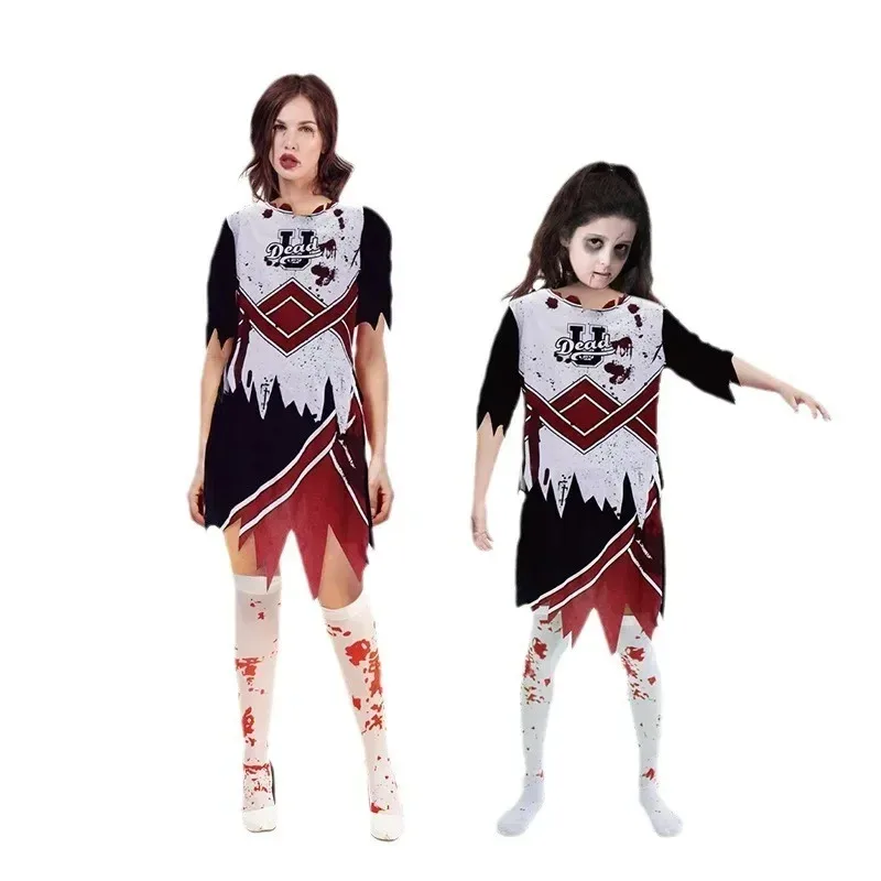 

Girl Zombie Cheerleading Masquerade Blood Stockings Uniform Children's Halloween Theme Party Cosplay Costume