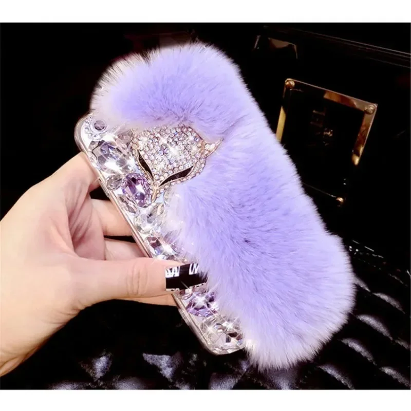 Luxury Rhinestone Cell Phone Case for Xiaomi, Rabbit Fur, Diamond, Fox, for Redmi 12, 13Pro, Note 13pro 5G,11,10, Note12pro plus